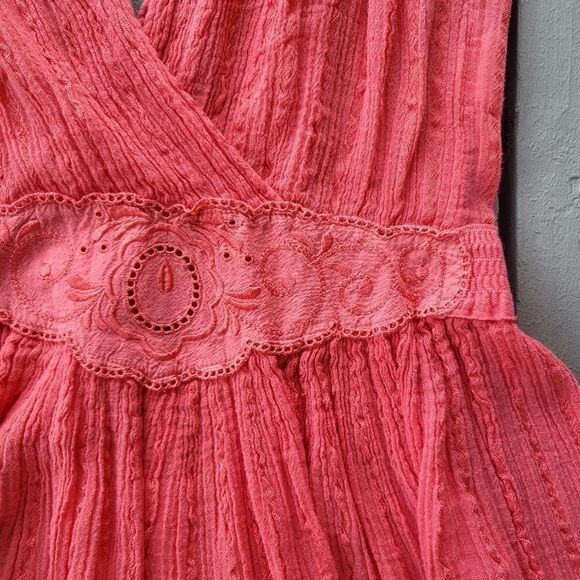 Vintage Coral Embroidered Surplice Ruffle Hem Gauzy Boho Festival Mini Dress S/M - Picture 3 of 5